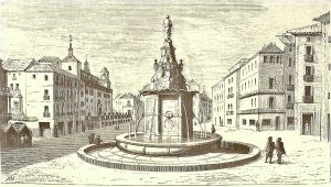 Aspecto que podía tener la Puerta del Sol en el reinado de Carlos II. El dibujo es de Nao, del siglo XIX, pero tiene toda la pinta de ser una recreación del realizado por Pieter van der Aa en 1707