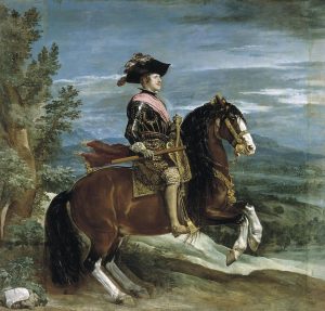 Retrato ecuestre de Felipe IV, pintado por Velázquez hacia 1635 y conservado en el Museo del Prado. El pintor lo concibió para decorar uno de los salones del palacio del Buen Retiro, y en la época borbónica pasó ya a la colección del Palacio Real de la actual calle de Bailén.
