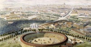 La Villa y Corte mirando de nordeste a suroeste, según ilustración de 1854 de Alfred Guesdon. Puede observarse la Puerta de Alcalá, todavía sin la Plaza de la Independencia que se le añadió ya después del reinado isabelino. También vemos una de las plazas de toros que tuvo Madrid. Luego hubo otra donde el actual Palacio de los Deportes, y luego vino la que todos conocemos en las Ventas.