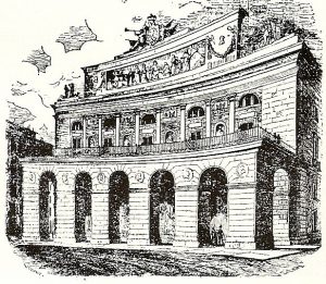 El Teatro Real, otra construcción emblemática del reinado de Isabel II, que por eso da nombre a la plaza situada en su fachada oriental. Esta ilustración muestra la occidental, la que da a Palacio. Como el Congreso de los Diputados, un edificio sometido a infinidad de reformas y ampliaciones posteriores (Grabado recogido en la Historia de Madrid de Federico Bravo Morata, edición de 1966 de Editorial Fenicia)