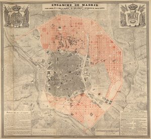 El Plan de Ensanche de Madrid de Carlos María de Castro. Con algunas variantes, se empezó a ejecutar en el último tercio del siglo XIX, y establecía tres zonas de calles perfectamente cuadriculadas, que se corresponden en gran parte con los actuales distritos de Arganzuela, Chamberí y Salamanca. Muchos de los huecos de las retículas no se terminaron de llenar hasta la década de 1970, y algunas de las calles proyectadas quedaron interrumpidas por construcciones no previstas en 1860 (El Tercer Depósito de Aguas del Cana, por ejemplo). Plano disponible a mayor resolución en la web del Ayuntamiento de Madrid y en Wikimedia Commons.