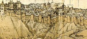 Extracto del famoso grabado de Wyngaerde en el que se ve claramente la época en que Madrid conservó restos de sus fortificaciones árabes hasta varios siglos después de llegada la dominación cristiana.
