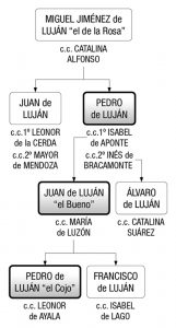 Family tree of the members of the Luján lineage mentioned in the article. With thick line and shading, those belonging to the San Salvador entailed estate.