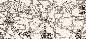 FIG 1: La Ciudad Lineal fue surgiendo en la Regencia y en la época de mayoría de edad de Alfonso XIII como un intento de colonizar, de manera ordenada, los campos pertenecientes a municipios todavía independientes, pero que estaban bordeando ya el término de la capital, por lo que a pesar de no pertenecer oficialmente al "Extrarradio" de Madrid-ciudad, en la práctica lo eran, y la población que se iba asentando allí lo hacía para trabajar en la capital, y no en Chamartín-pueblo o en Canillas-pueblo. Fue una iniciativa que proporcionó vivienda a muchas personas, en una zona aireada e higiénica, y de la calidad de la idea es una prueba el hecho de que en parte se construyera como un plan de "casas para obreros" y ahora sea una de las zonas más cotizadas de todo Madrid. Plano perteneciente, probablemente, al salto del siglo XIX al XX.