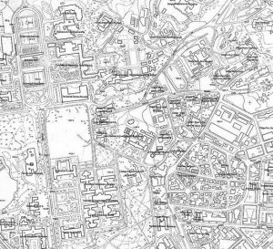 La misma zona en 1977, según cartografía a escala 1:5000 ahora perteneciente a las colecciones de la Comunidad Autónoma de Madrid. El arquitecto López Otero dirigió las obras de la Ciudad Universitaria durante la monarquía alfonsina, durante la Segunda República y durante la dictadura de Franco, cuando hubo que volver a construir casi todo tras los destrozos de la guerra civil. Todavía quedaban espacios por rellenar, como el del Jardín Botánico, que se hizo ya en el reinado de Juan Carlos I. Observamos también cómo ha desaparecido la Quinta del Valle de Santa Cruz, de la que ha quedado un recuerdo en el topónimo de la Avenida del Valle, en la Colonia Parque Metropolitano.