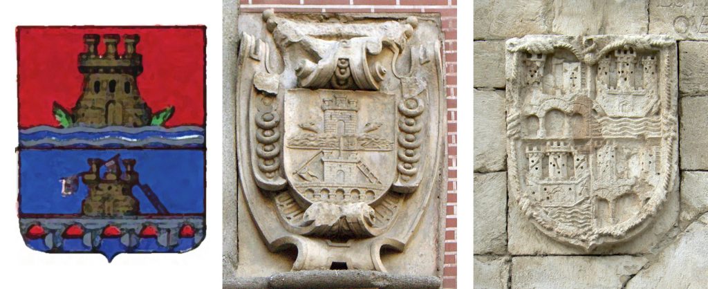 Escudos del linaje Ramírez: Centro, portada del convento de las Carboneras (plaza del Conde de Miranda, 3; en la iglesia del convento hay otro escudo como éste, pintado en la pared del Evangelio de la capilla mayor). Derecha, portada del hospital de La Latina (aparcamiento de la Escuela de Arquitectura, avenida de Juan de Herrera, Ciudad Universitaria).