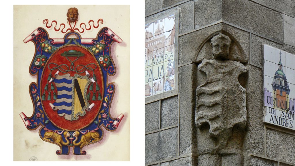 Escudo de armas de Gutierre de Carvajal, obispo de Plasencia, que combinaba las armas de los Vargas (por su padre el licenciado Francisco de Vargas) y de los Carvajal (por su madre Inés de Carvajal). Izquierda: Escudo dibujado en el Misal del obispo (BNE, sign. Vitr/19/7). Derecha: Escudo existente en el exterior de la Capilla del Obispo, en la plaza de la Paja esquina con la costanilla de San Andrés; la mitad derecha, que corresponde a las armas de los Carvajal, ha perdido ya casi todo el dibujo.