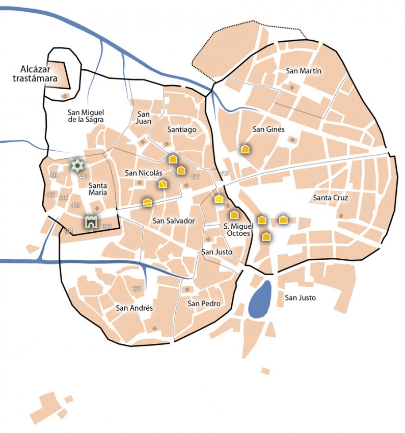 Localización documentada de viviendas judías, castillo de la judería y sinagoga en el periodo 1391-1480.
