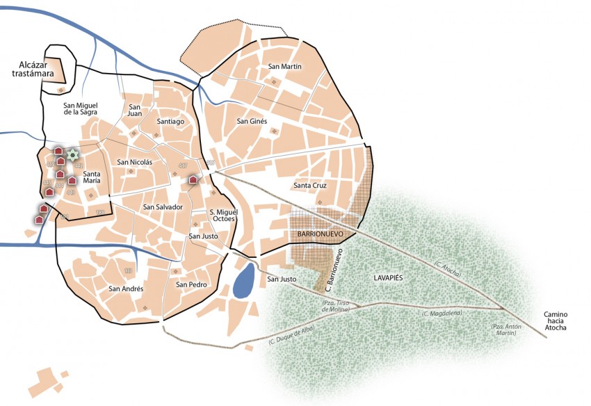 Localización documentada de viviendas judías y sinagoga en el periodo 1481-1492.