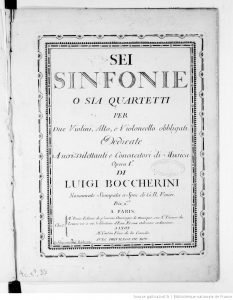 Portada de la edición de Sei Sinfonie o sia qartetti op.1 (G.159-164) París, Venier, 1760 gallica.bnf.fr