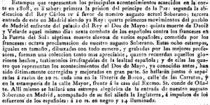 Gaceta de Madrid del 27 diciembre 1814 anunciando una nueva tirada de esta colección de estampas incrementada con cuatro nuevo episodios junto con la mejora de las cuatro ya existentes.