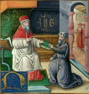 San Jerónimo entrega la Biblia a san Dámaso. Miniatura de la Biblia de Hainaut, Francia, s. xv.